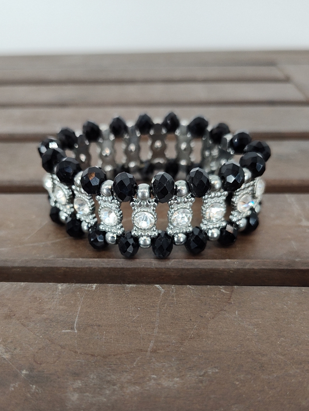 Black And Silver Tone Beaded Crystal Stretch Bracelet